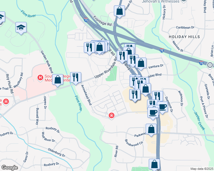 map of restaurants, bars, coffee shops, grocery stores, and more near 276 Upper Riverdale Road in Jonesboro