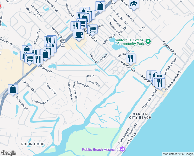 map of restaurants, bars, coffee shops, grocery stores, and more near 321 Jay Street in Murrells Inlet