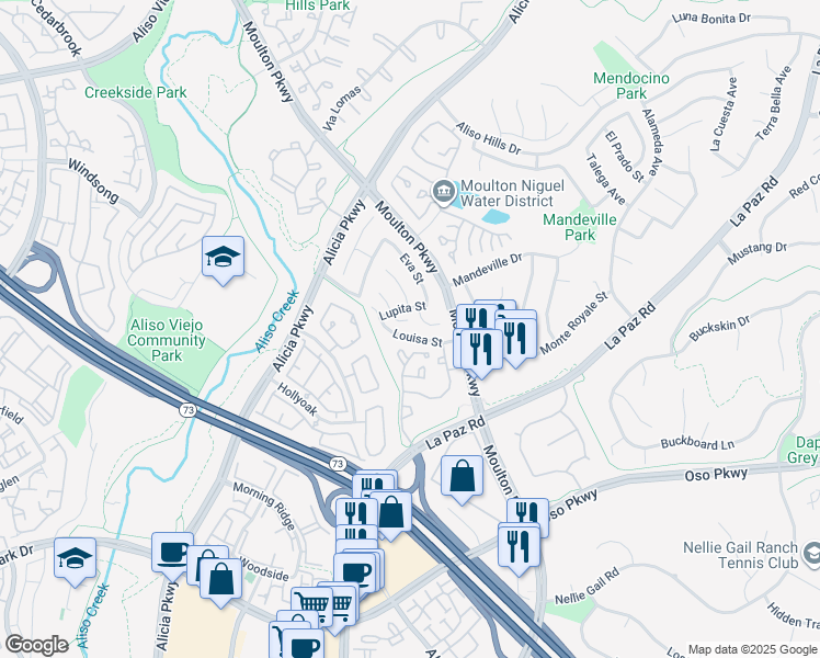 map of restaurants, bars, coffee shops, grocery stores, and more near 24342 Andrea Street in Laguna Hills