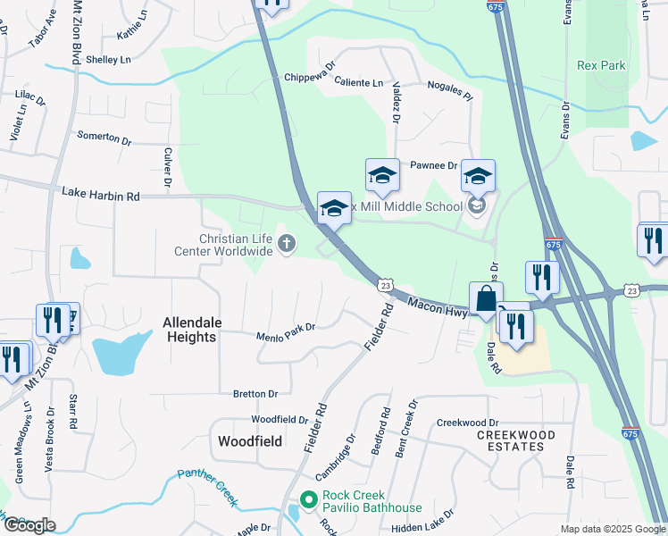 map of restaurants, bars, coffee shops, grocery stores, and more near 6359 Georgia 42 in Rex