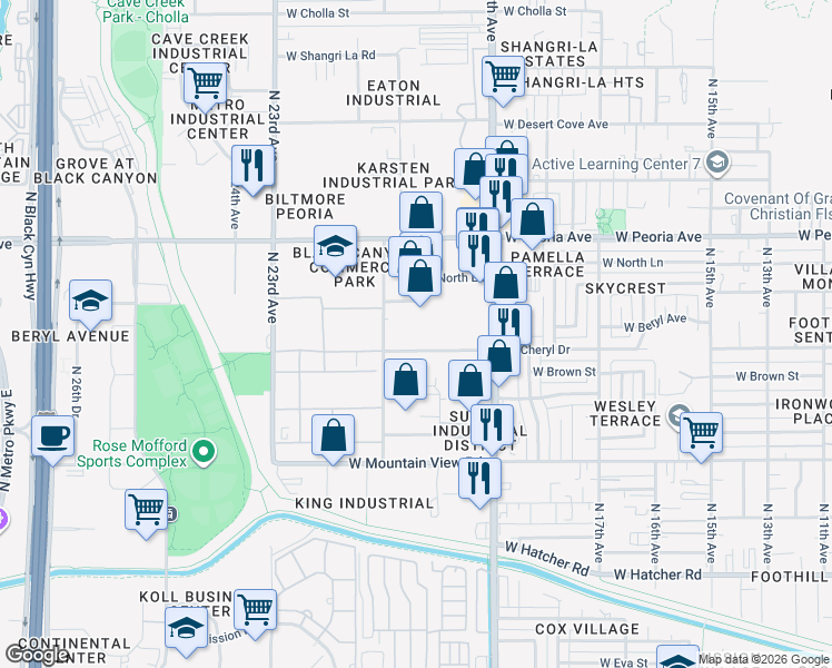 map of restaurants, bars, coffee shops, grocery stores, and more near 2010 West Cheryl Drive in Phoenix
