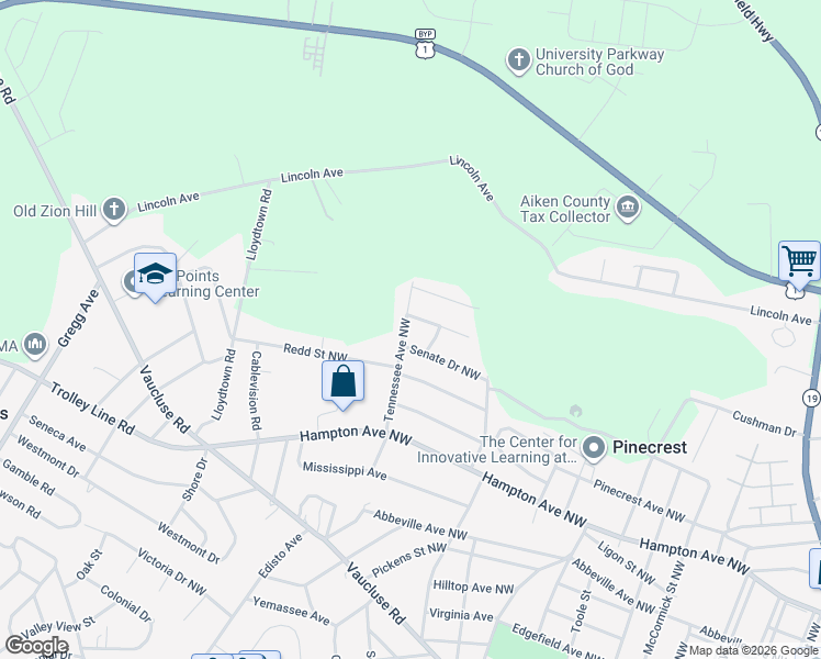map of restaurants, bars, coffee shops, grocery stores, and more near 739 Tennessee Avenue Northwest in Aiken