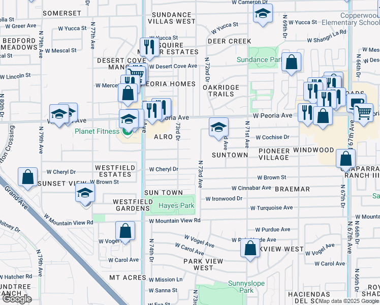 map of restaurants, bars, coffee shops, grocery stores, and more near 7317 West Comet Avenue in Peoria
