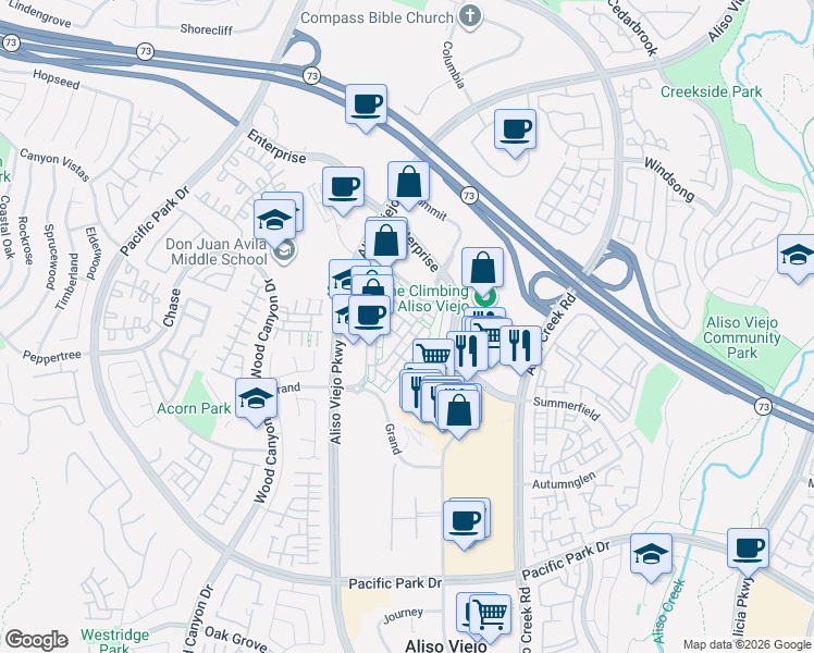 map of restaurants, bars, coffee shops, grocery stores, and more near 16 Brownstone Way in Aliso Viejo