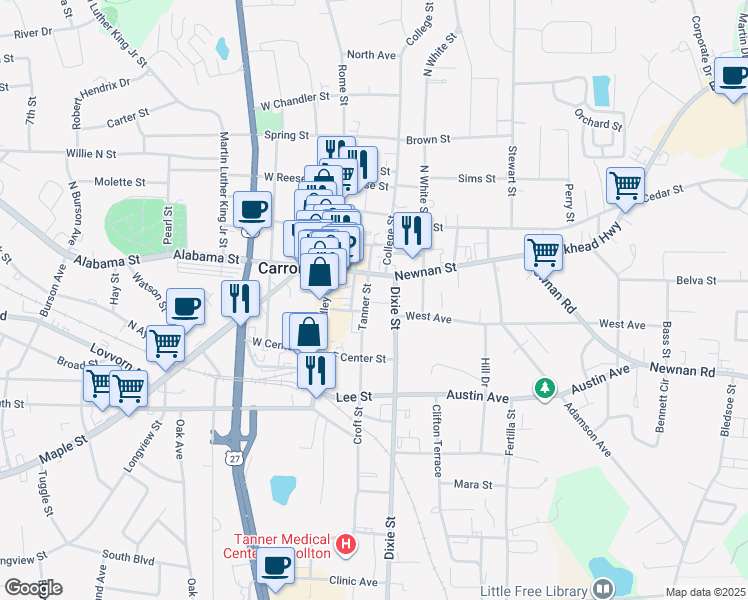 map of restaurants, bars, coffee shops, grocery stores, and more near 202 Tanner Street in Carrollton