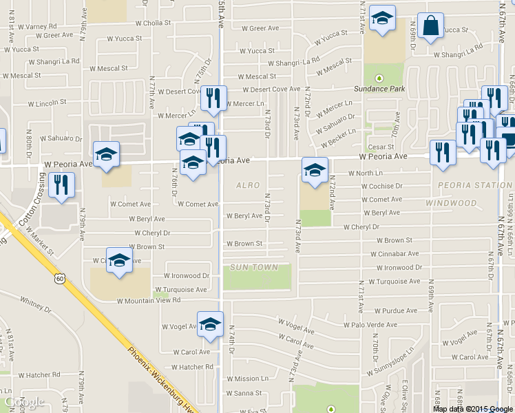 map of restaurants, bars, coffee shops, grocery stores, and more near 7395 W Comet Ave in Peoria