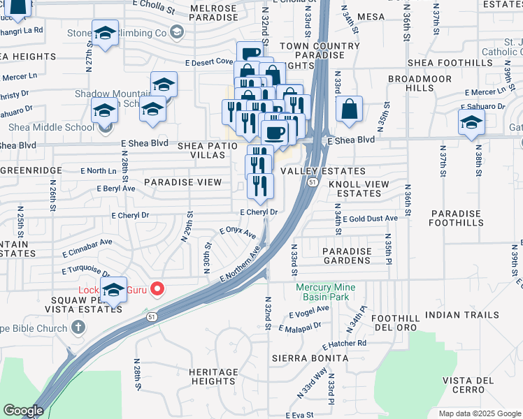 map of restaurants, bars, coffee shops, grocery stores, and more near 10210 North 32nd Street in Phoenix