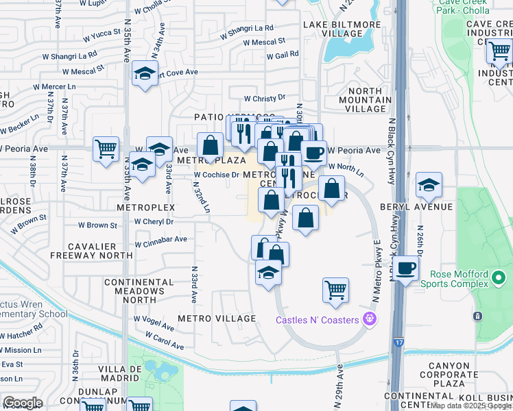 map of restaurants, bars, coffee shops, grocery stores, and more near 3119 West Cochise Drive in Phoenix