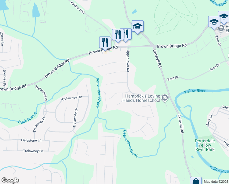 map of restaurants, bars, coffee shops, grocery stores, and more near 60 East Lawn Drive in Covington