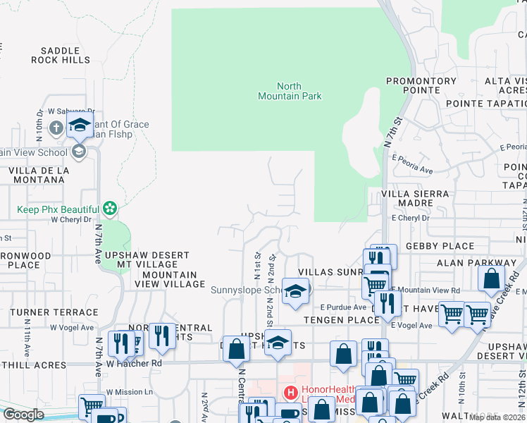 map of restaurants, bars, coffee shops, grocery stores, and more near 10218 North Central Avenue in Phoenix