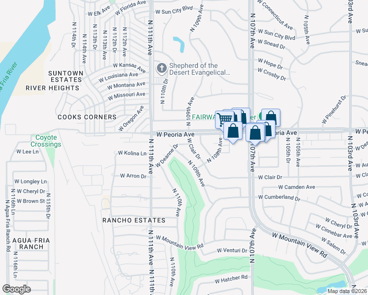 map of restaurants, bars, coffee shops, grocery stores, and more near 10831 West Deanne Drive in Sun City