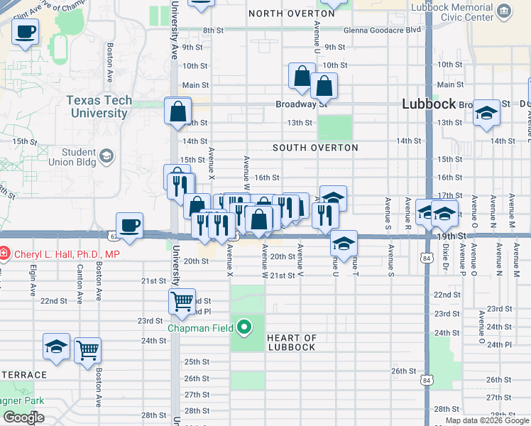 map of restaurants, bars, coffee shops, grocery stores, and more near 2210 18th Street in Lubbock