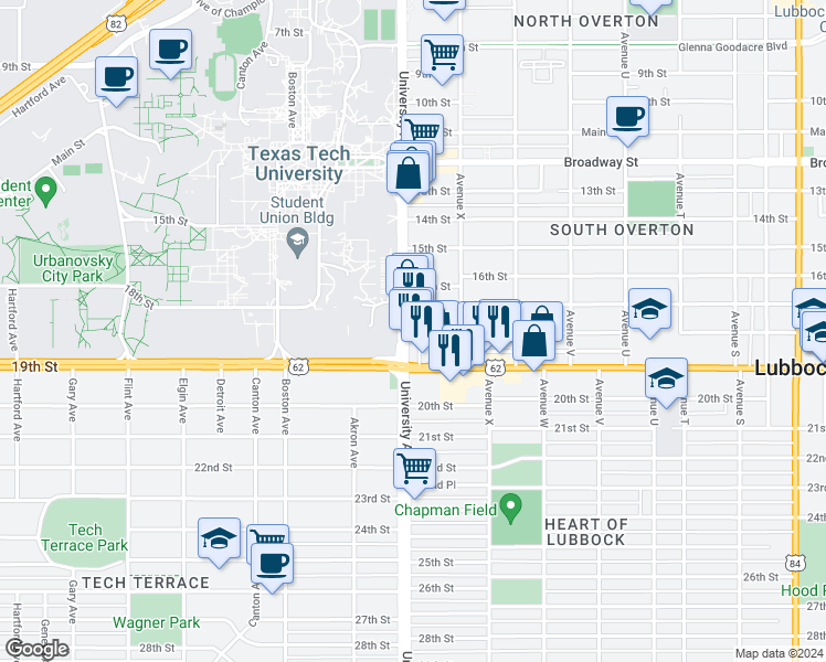 map of restaurants, bars, coffee shops, grocery stores, and more near 1621 Avenue Y in Lubbock