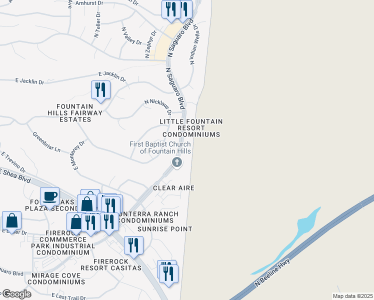 map of restaurants, bars, coffee shops, grocery stores, and more near 10401 North Saguaro Boulevard in Fountain Hills