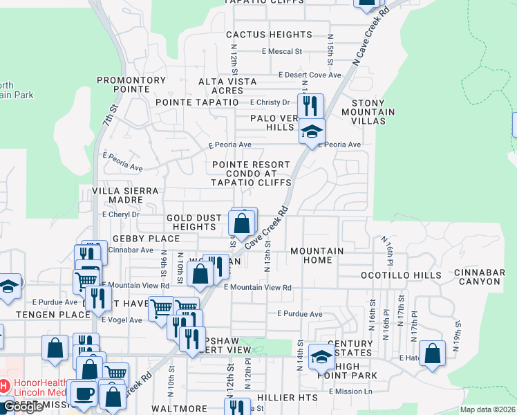 map of restaurants, bars, coffee shops, grocery stores, and more near 10202 North Cave Creek Road in Phoenix