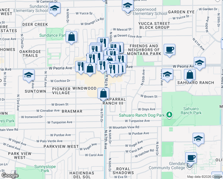 map of restaurants, bars, coffee shops, grocery stores, and more near 10223 North 66th Drive in Glendale