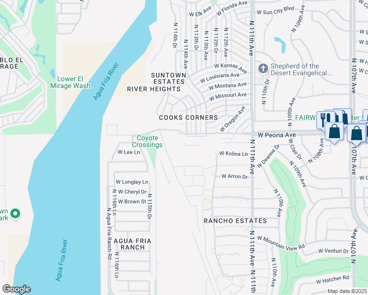 map of restaurants, bars, coffee shops, grocery stores, and more near 11527 West Peoria Avenue in Youngtown