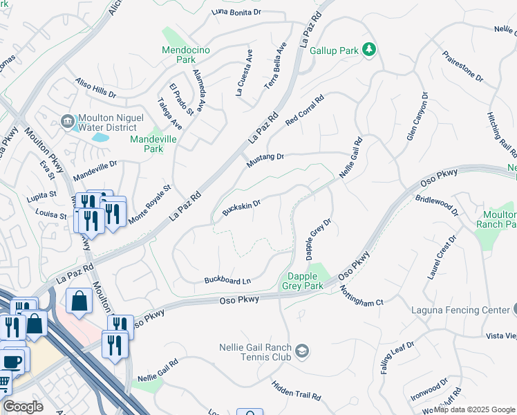 map of restaurants, bars, coffee shops, grocery stores, and more near 25122 Buckskin Drive in Laguna Hills