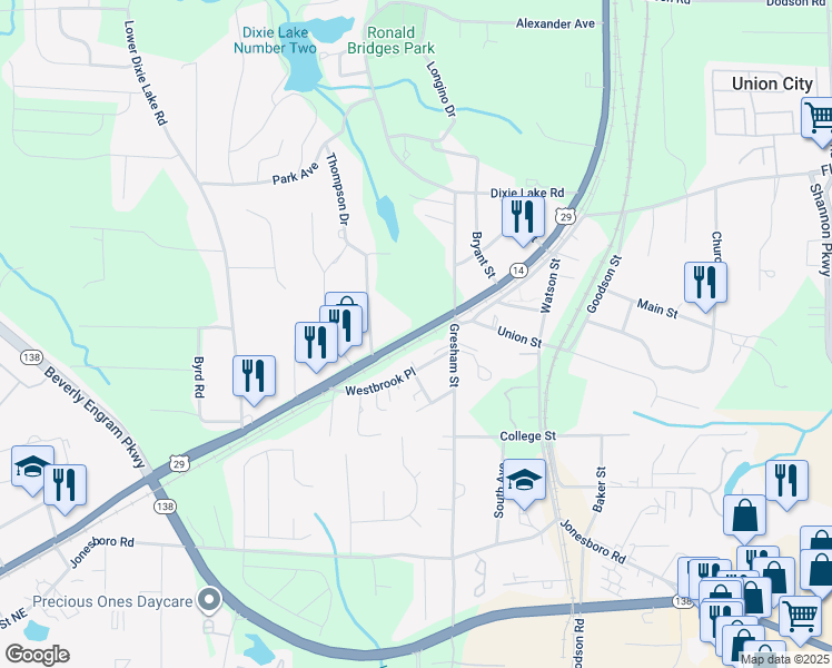 map of restaurants, bars, coffee shops, grocery stores, and more near 6513 Roosevelt Highway in Union City