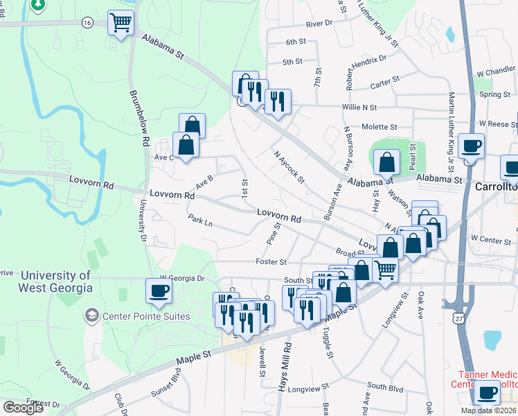 map of restaurants, bars, coffee shops, grocery stores, and more near 501 Lovvorn Road in Carrollton