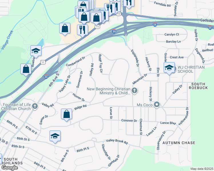 map of restaurants, bars, coffee shops, grocery stores, and more near 659 Ridge Top Circle in Birmingham