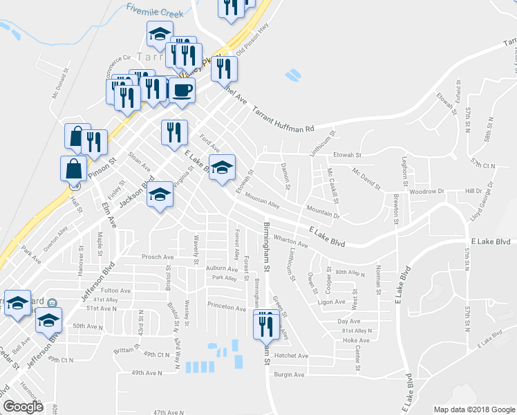 map of restaurants, bars, coffee shops, grocery stores, and more near 1532 East Lake Boulevard in Birmingham