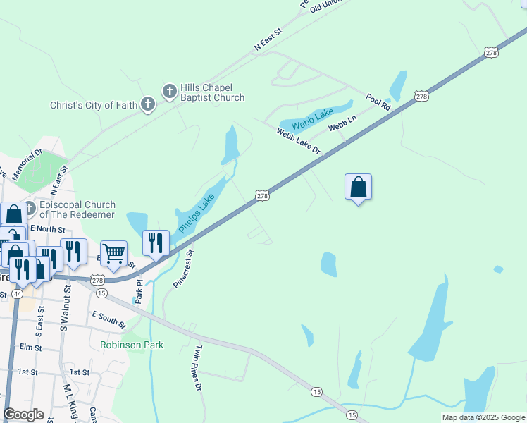 map of restaurants, bars, coffee shops, grocery stores, and more near 1481 East Broad Street in Greensboro