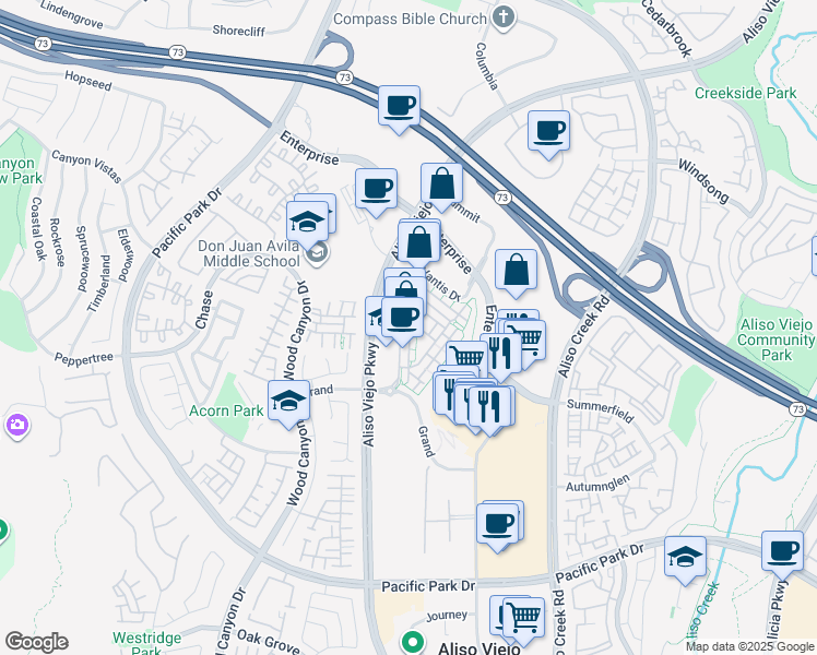map of restaurants, bars, coffee shops, grocery stores, and more near 41 Midtown Drive in Aliso Viejo