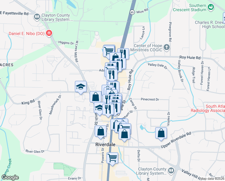 map of restaurants, bars, coffee shops, grocery stores, and more near 6455 Georgia 85 in Riverdale