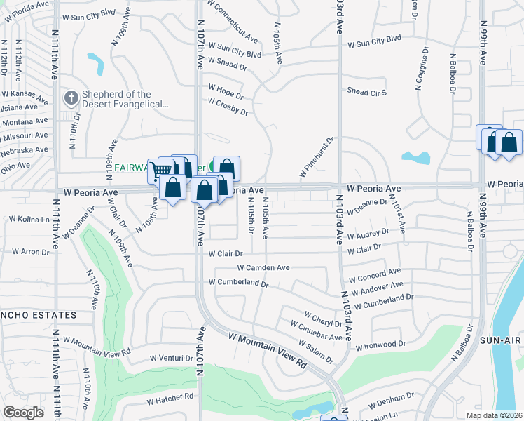 map of restaurants, bars, coffee shops, grocery stores, and more near 10426 North 105th Avenue in Sun City