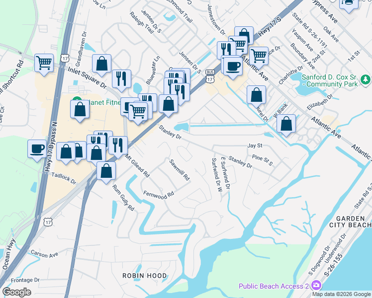 map of restaurants, bars, coffee shops, grocery stores, and more near 511 Waverly Loop in Murrells Inlet