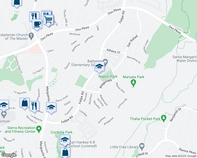 map of restaurants, bars, coffee shops, grocery stores, and more near 26414 Vicente Lugo in Mission Viejo