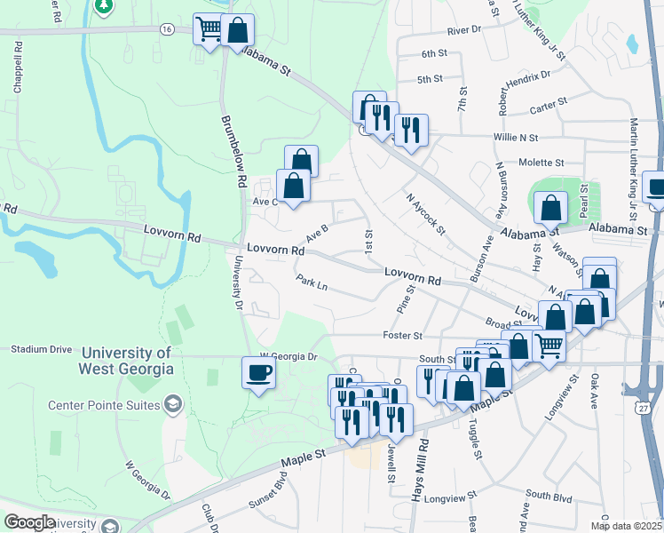 map of restaurants, bars, coffee shops, grocery stores, and more near 538 Lovvorn Road in Carrollton