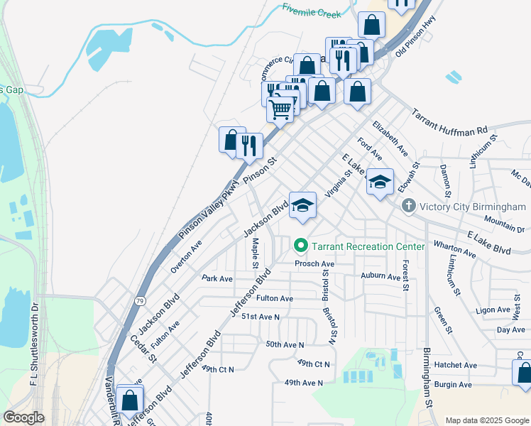 map of restaurants, bars, coffee shops, grocery stores, and more near 1200 Jackson Boulevard in Birmingham