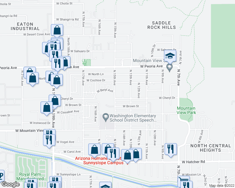 map of restaurants, bars, coffee shops, grocery stores, and more near 10213 North 15th Avenue in Phoenix