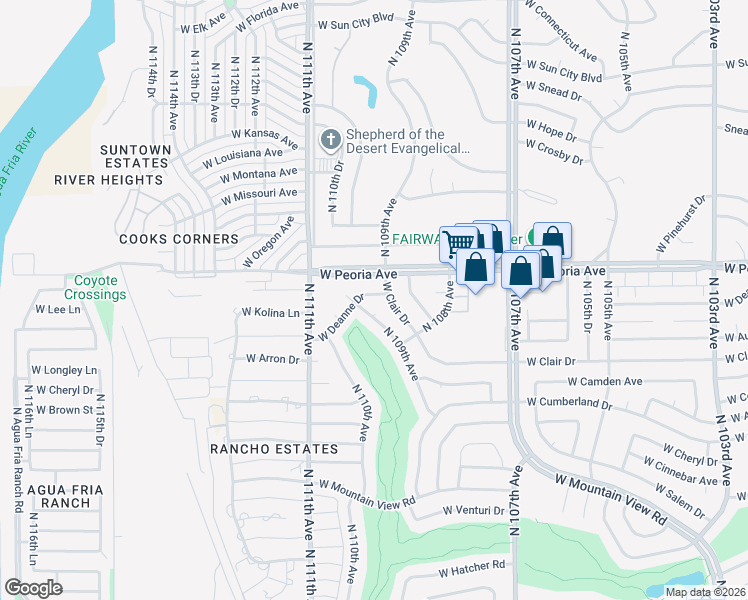 map of restaurants, bars, coffee shops, grocery stores, and more near 10831 West Deanne Drive in Sun City