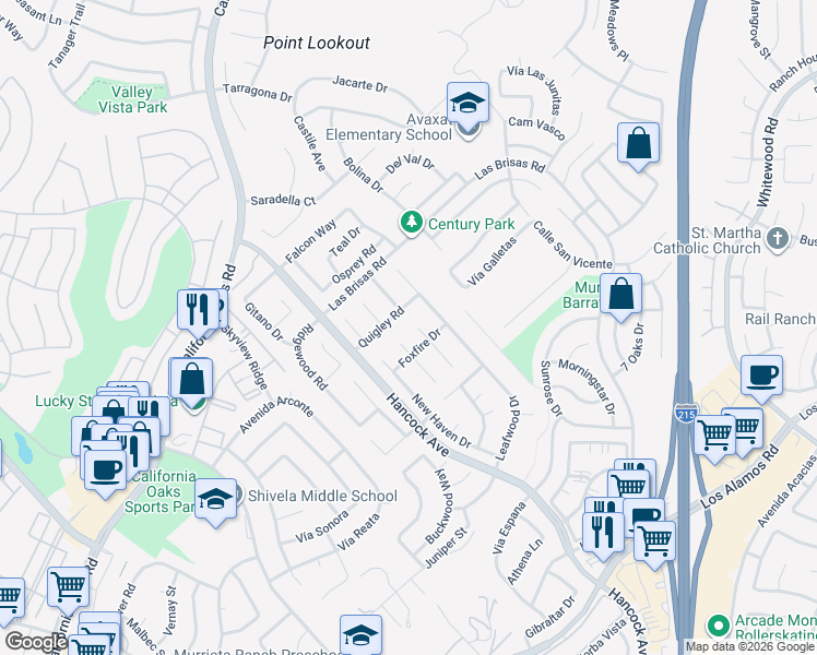map of restaurants, bars, coffee shops, grocery stores, and more near 24443 Mooncrest Circle in Murrieta