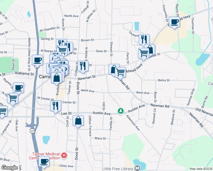 map of restaurants, bars, coffee shops, grocery stores, and more near 131 South Coleman Street in Carrollton