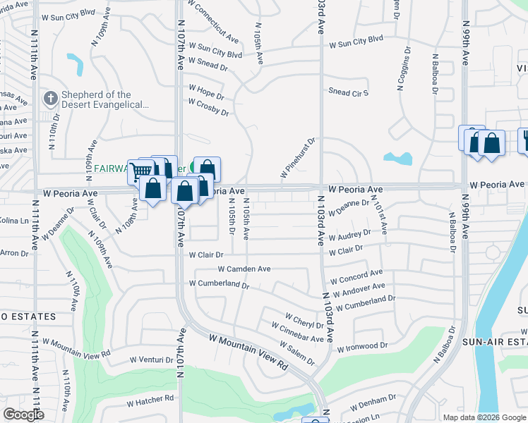map of restaurants, bars, coffee shops, grocery stores, and more near 10416 West Deanne Drive in Sun City