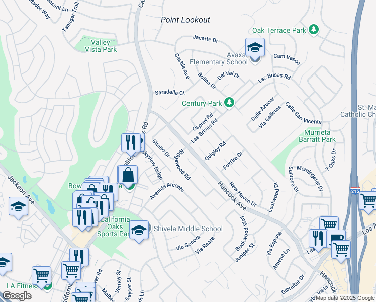 map of restaurants, bars, coffee shops, grocery stores, and more near 24392 Ridgewood Road in Murrieta