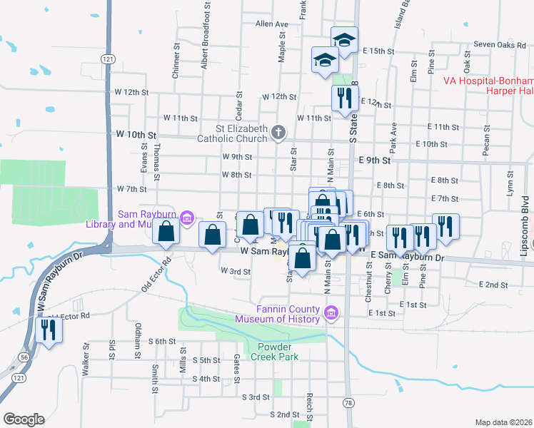 map of restaurants, bars, coffee shops, grocery stores, and more near 403 W 6th St in Bonham