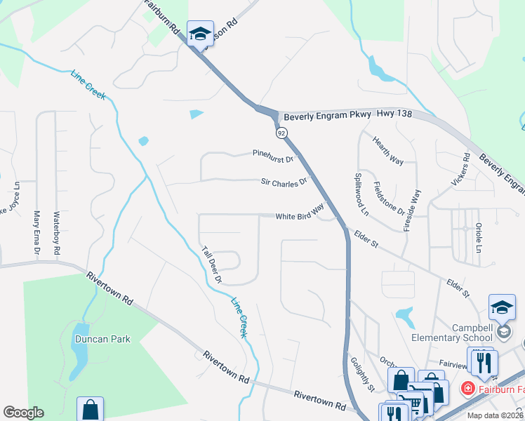 map of restaurants, bars, coffee shops, grocery stores, and more near 737 Tall Deer Drive in Fairburn