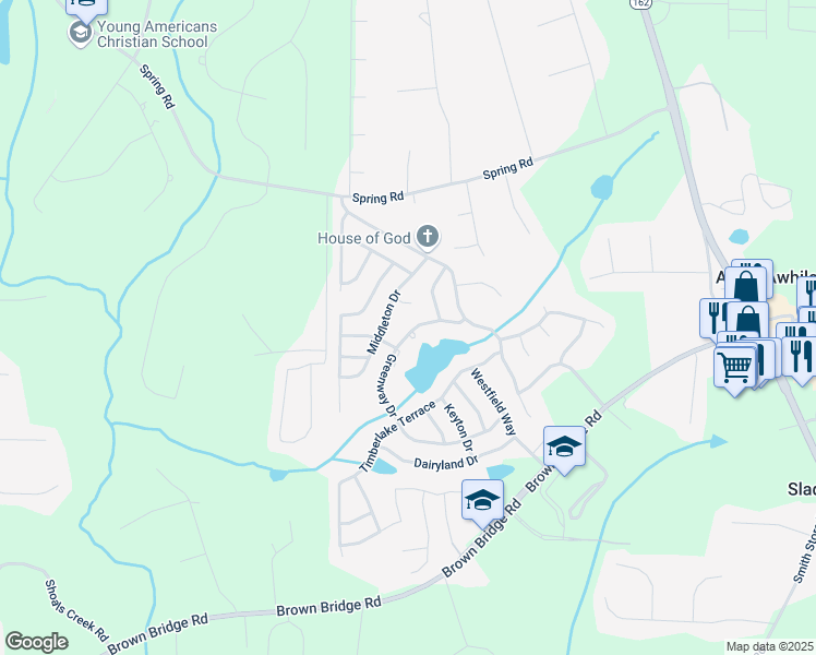 map of restaurants, bars, coffee shops, grocery stores, and more near 390 Greenway Drive in Covington