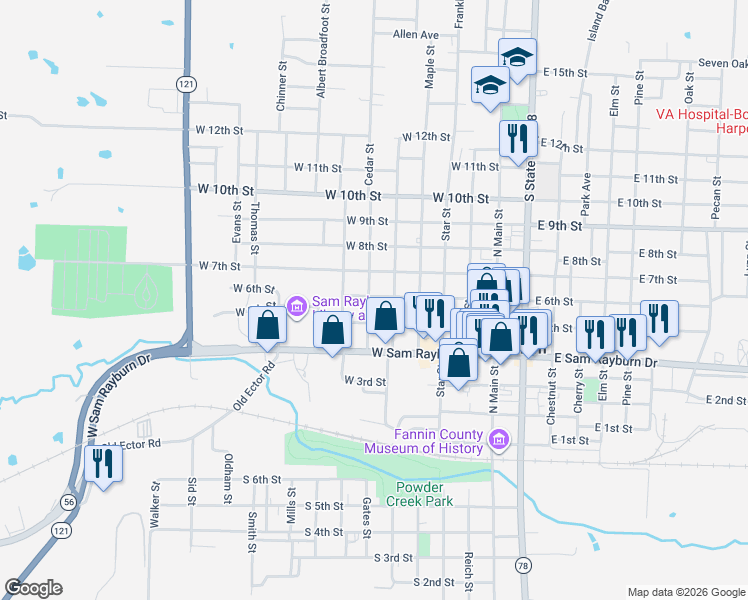 map of restaurants, bars, coffee shops, grocery stores, and more near 519 West 6th Street in Bonham