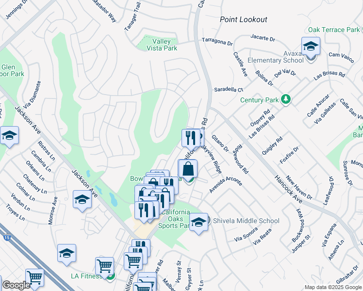 map of restaurants, bars, coffee shops, grocery stores, and more near 40295 Vía Francisco in Murrieta