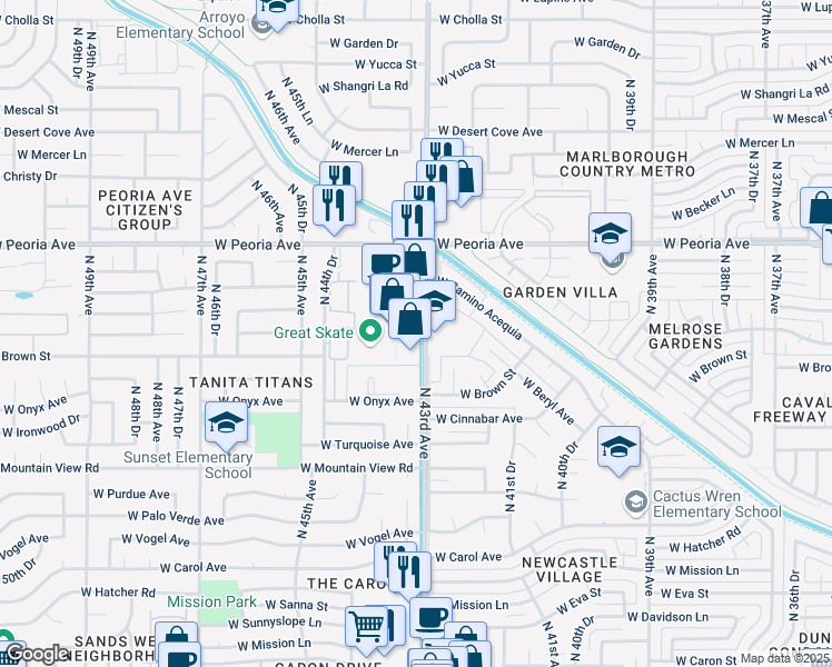 map of restaurants, bars, coffee shops, grocery stores, and more near 10220 North 43rd Avenue in Glendale