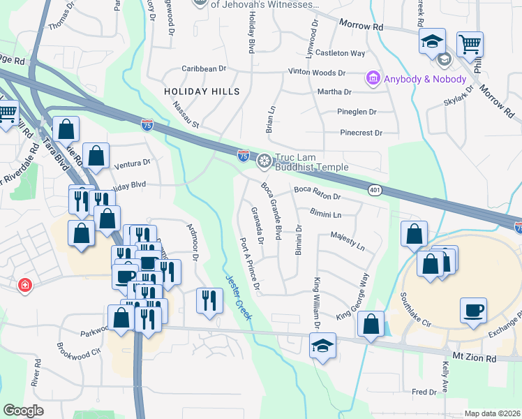 map of restaurants, bars, coffee shops, grocery stores, and more near 6434 Granada Drive in Forest Park