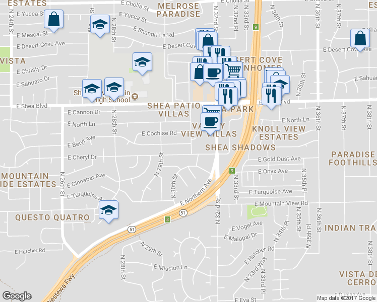 map of restaurants, bars, coffee shops, grocery stores, and more near 3048 East Cheryl Drive in Phoenix