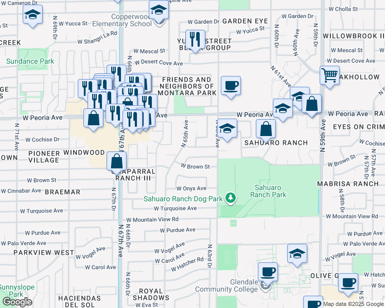 map of restaurants, bars, coffee shops, grocery stores, and more near 6350 West Cheryl Drive in Glendale