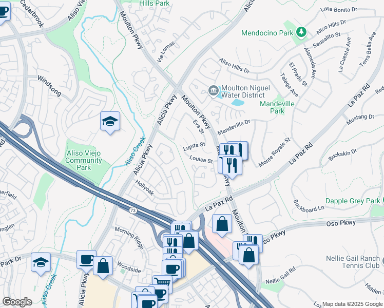 map of restaurants, bars, coffee shops, grocery stores, and more near 24316 Andrea Street in Laguna Hills